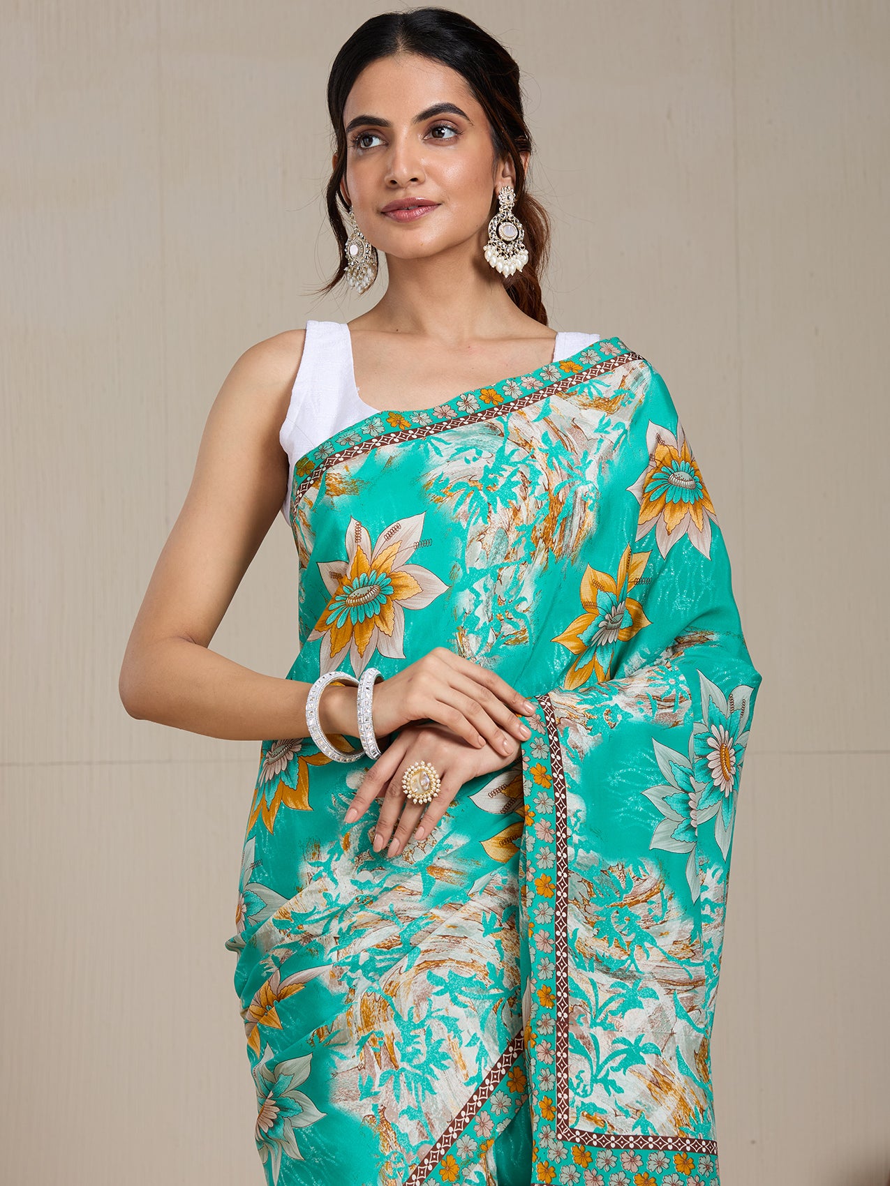 Vervee Couture Blue Yellow Floral Printed Poly Georgette Saree | EKA