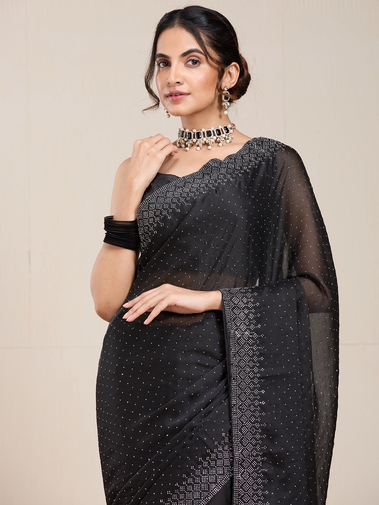 Vervee Couture Black Embellished Poly Georgette Saree | EKA
