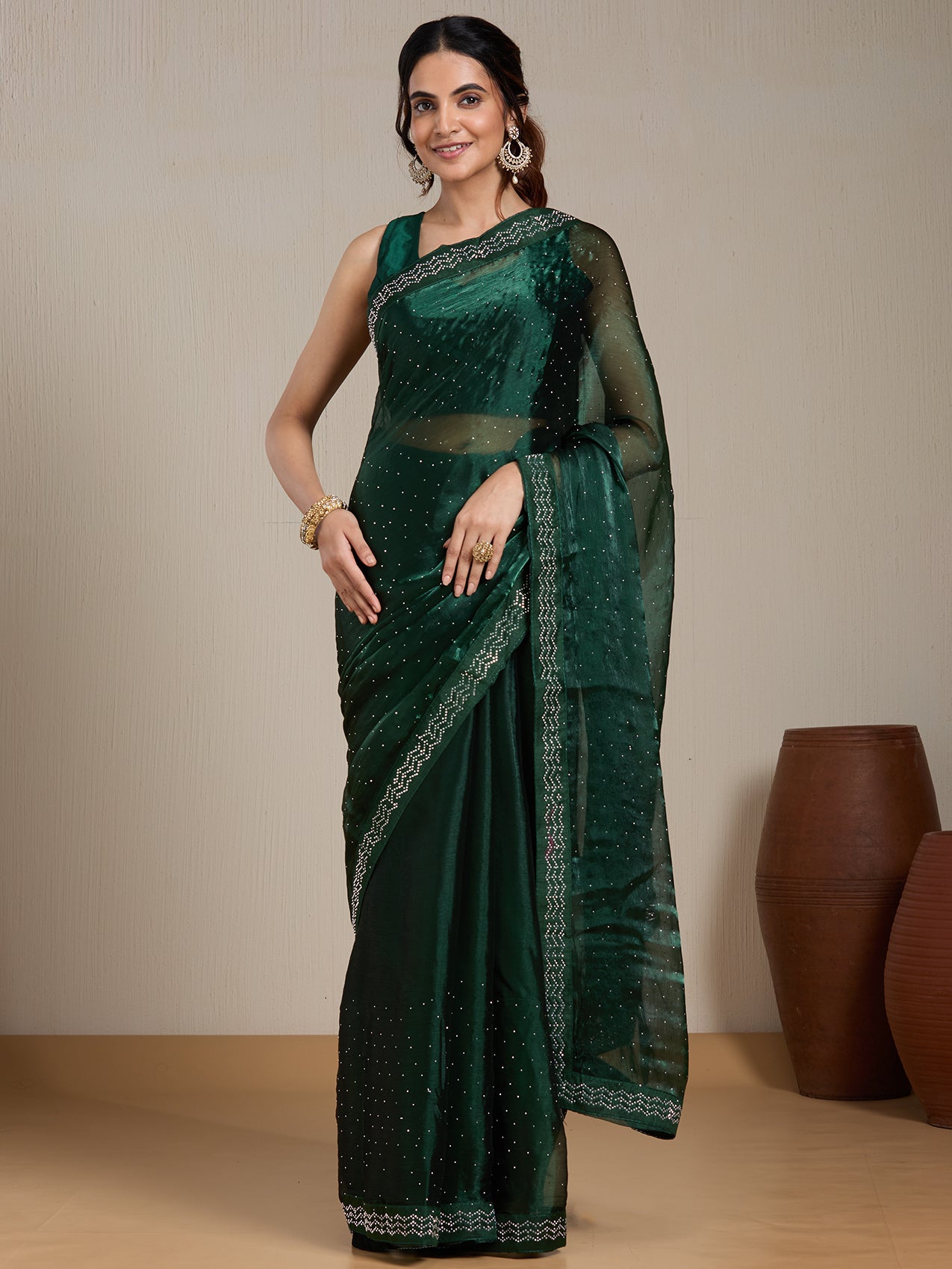 Vervee Couture Green Embellished Poly Georgette Saree with Sequinned Border | EKA