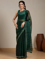 Vervee Couture Green Embellished Poly Georgette Saree with Sequinned Border | EKA