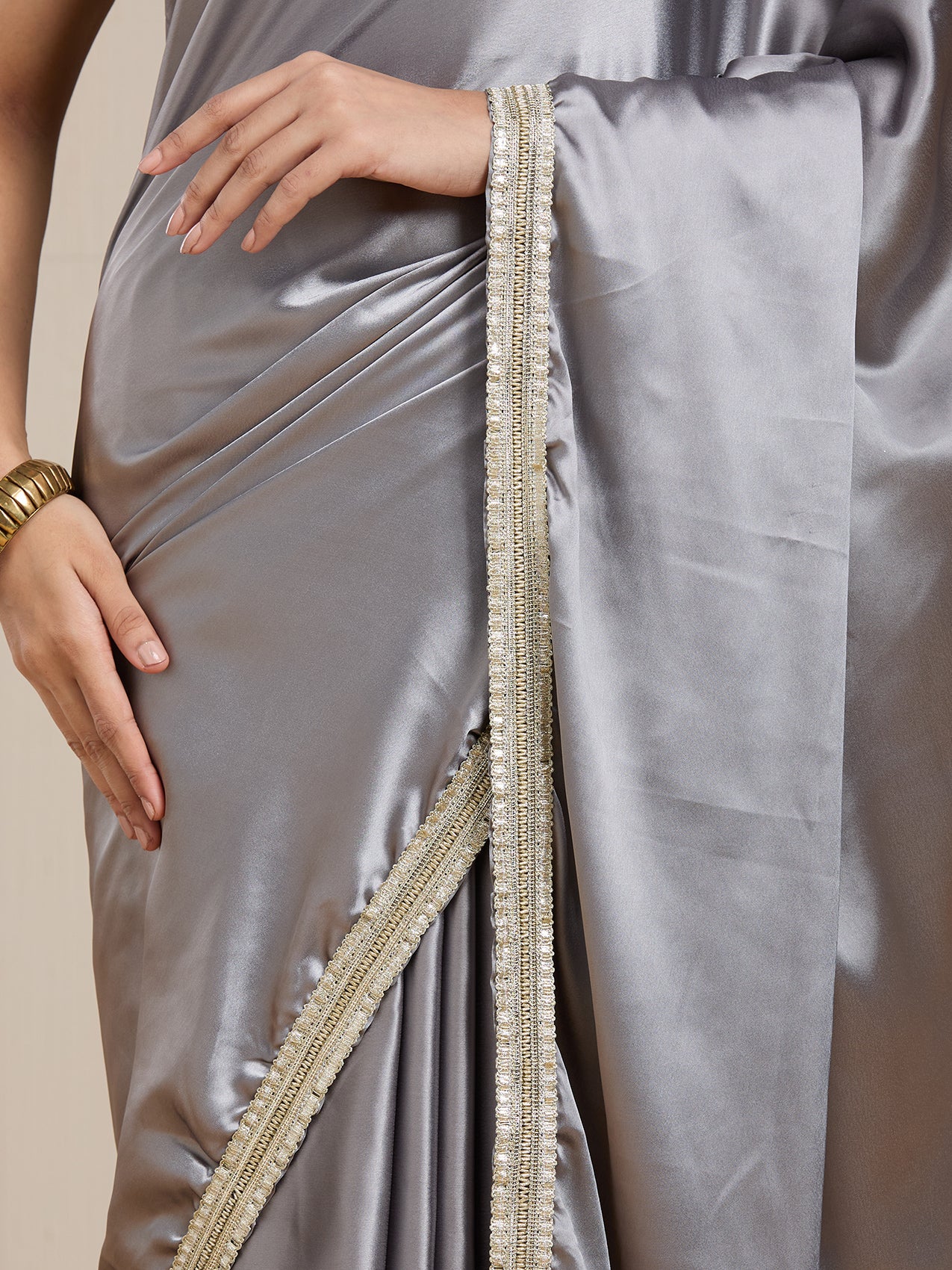 Vervee Couture Grey Satin Saree with Zari Border | EKA
