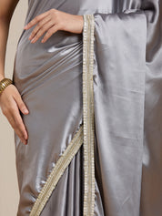 Vervee Couture Grey Satin Saree with Zari Border | EKA