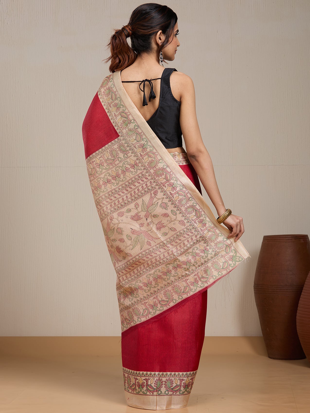 Vervee Couture Red Silk Blend Saree with Ethnic Motif Border | EKA