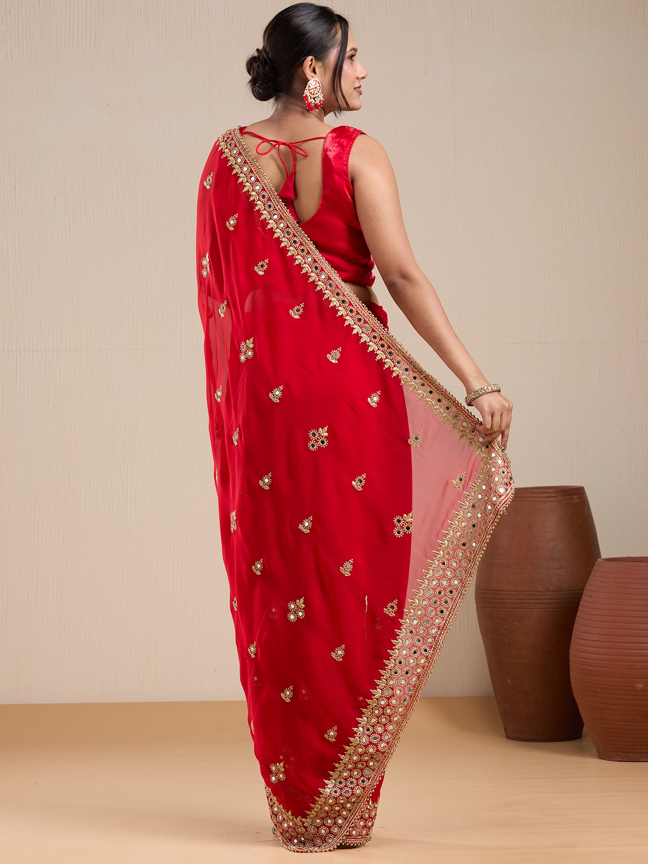 Vervee Couture Red Poly Georgette Saree with Embellished Border | EKA