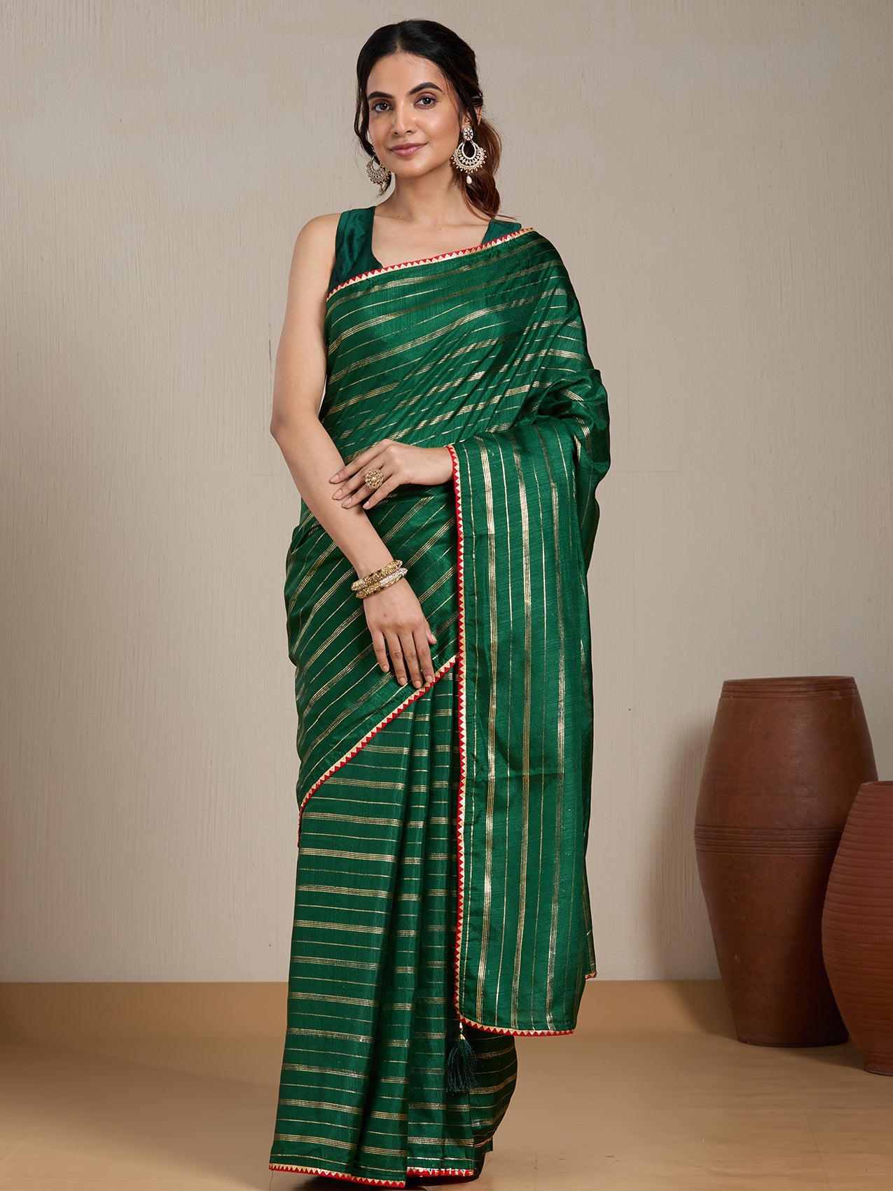Vervee Couture Emerald Green Gold Striped Silk Blend Saree | EKA