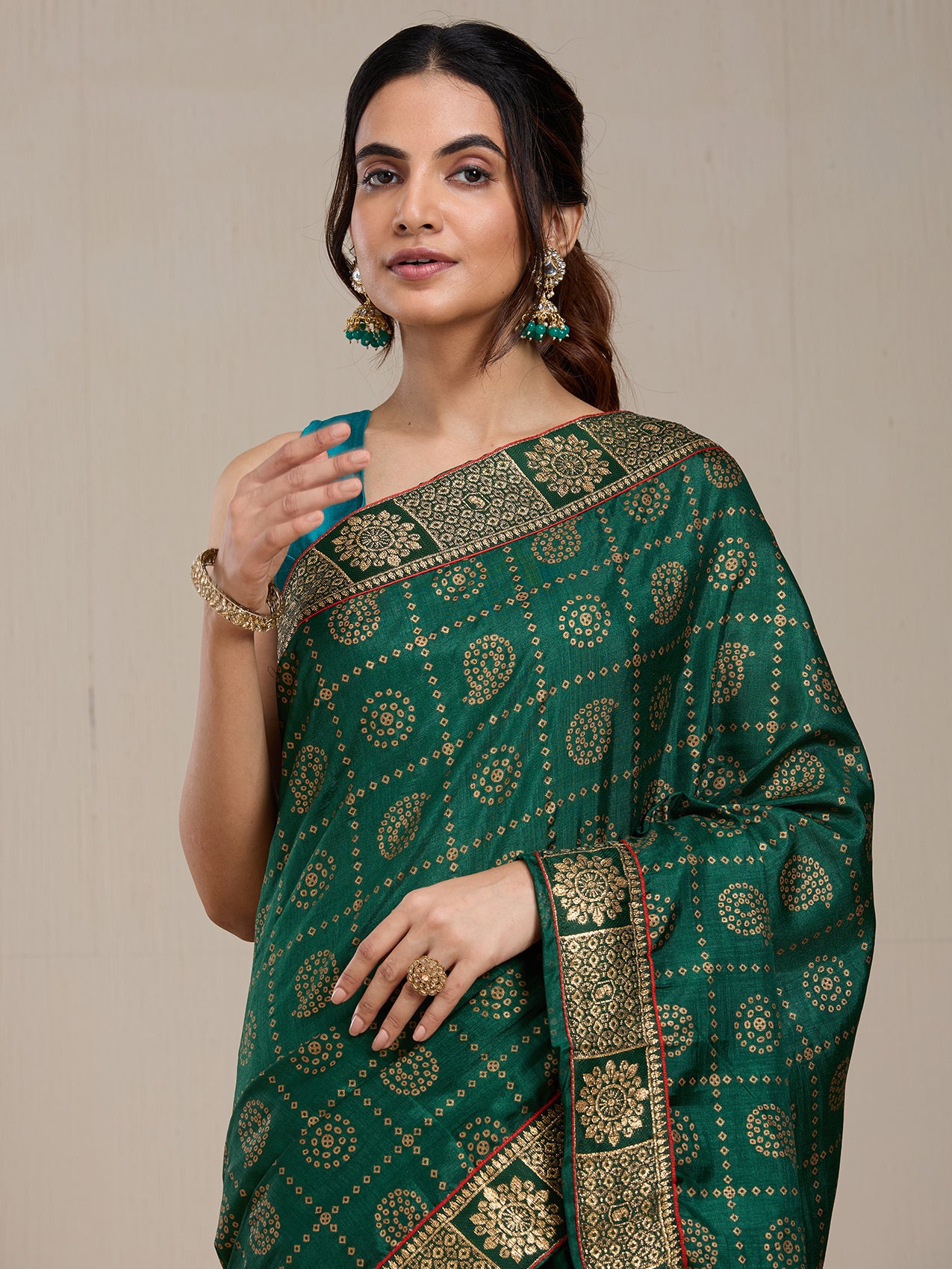 Vervee Couture Green Silk Blend Saree with Woven Zari Design | EKA