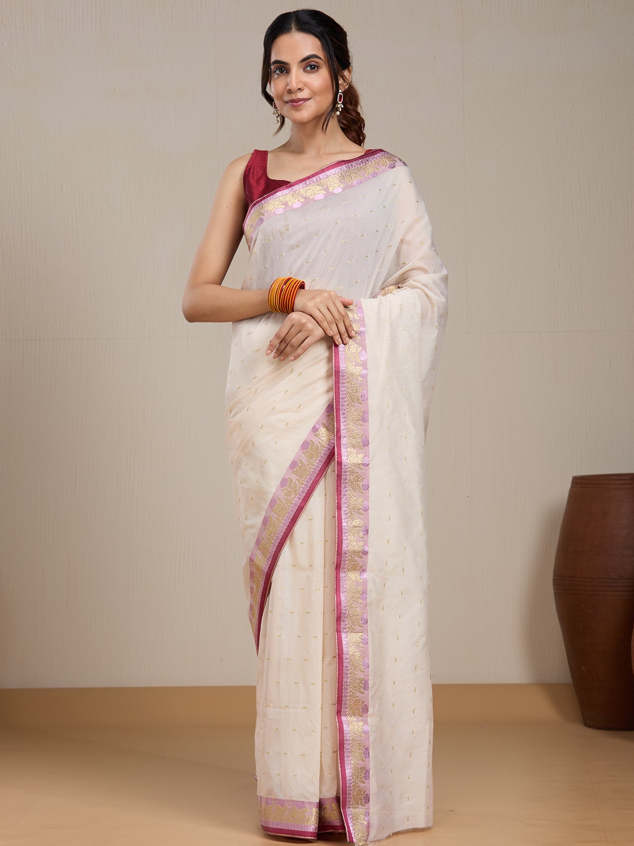Vervee Couture Cream Pink Woven Silk Blend Saree with Zari Border | EKA