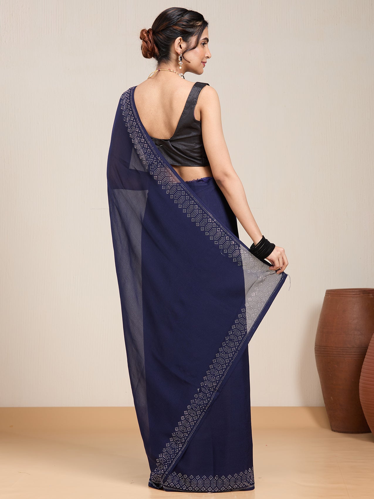 Vervee Couture Navy Blue Embellished Poly Georgette Saree | EKA