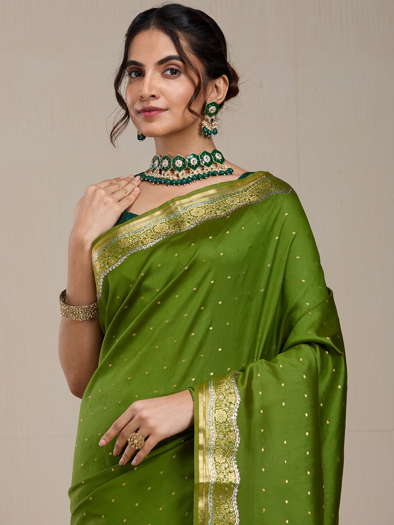 Vervee Couture Green Silk Blend Saree with Zari Border and Semi Stitched Blouse | EKA