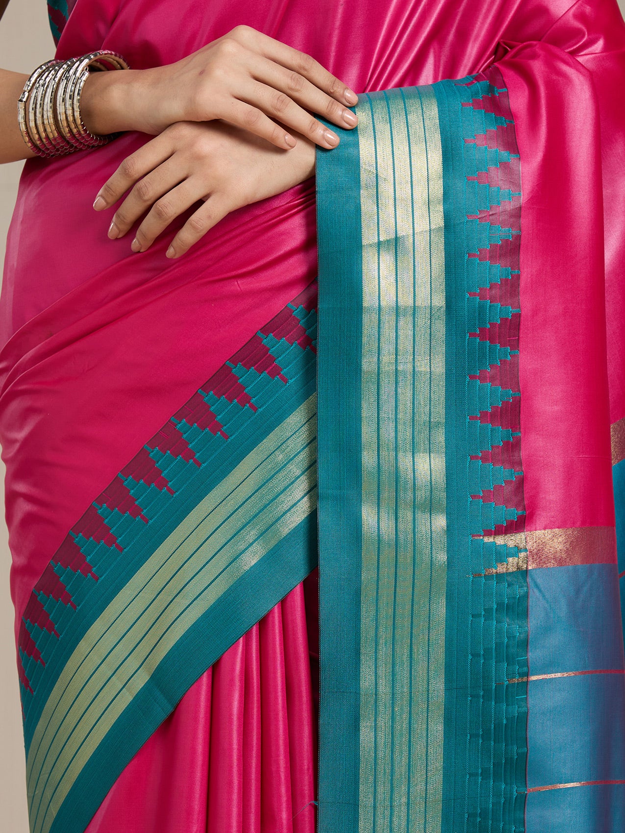 Vervee Couture Pink Teal Woven Silk Blend Saree | EKA