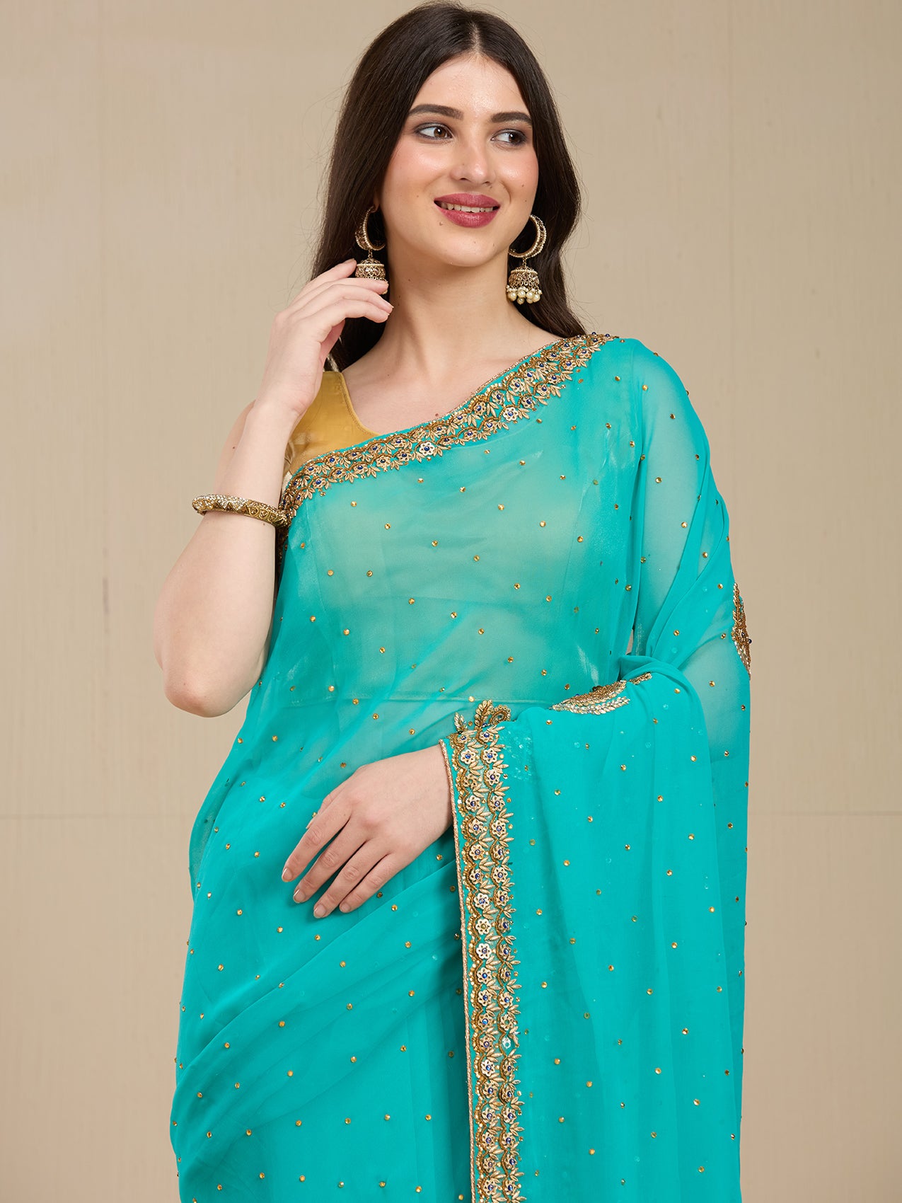 Vervee Couture Turquoise Blue Poly Georgette Saree with Embellished Border | EKA