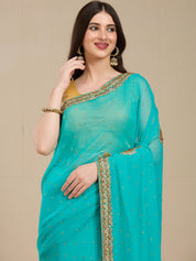 Vervee Couture Turquoise Blue Poly Georgette Saree with Embellished Border | EKA