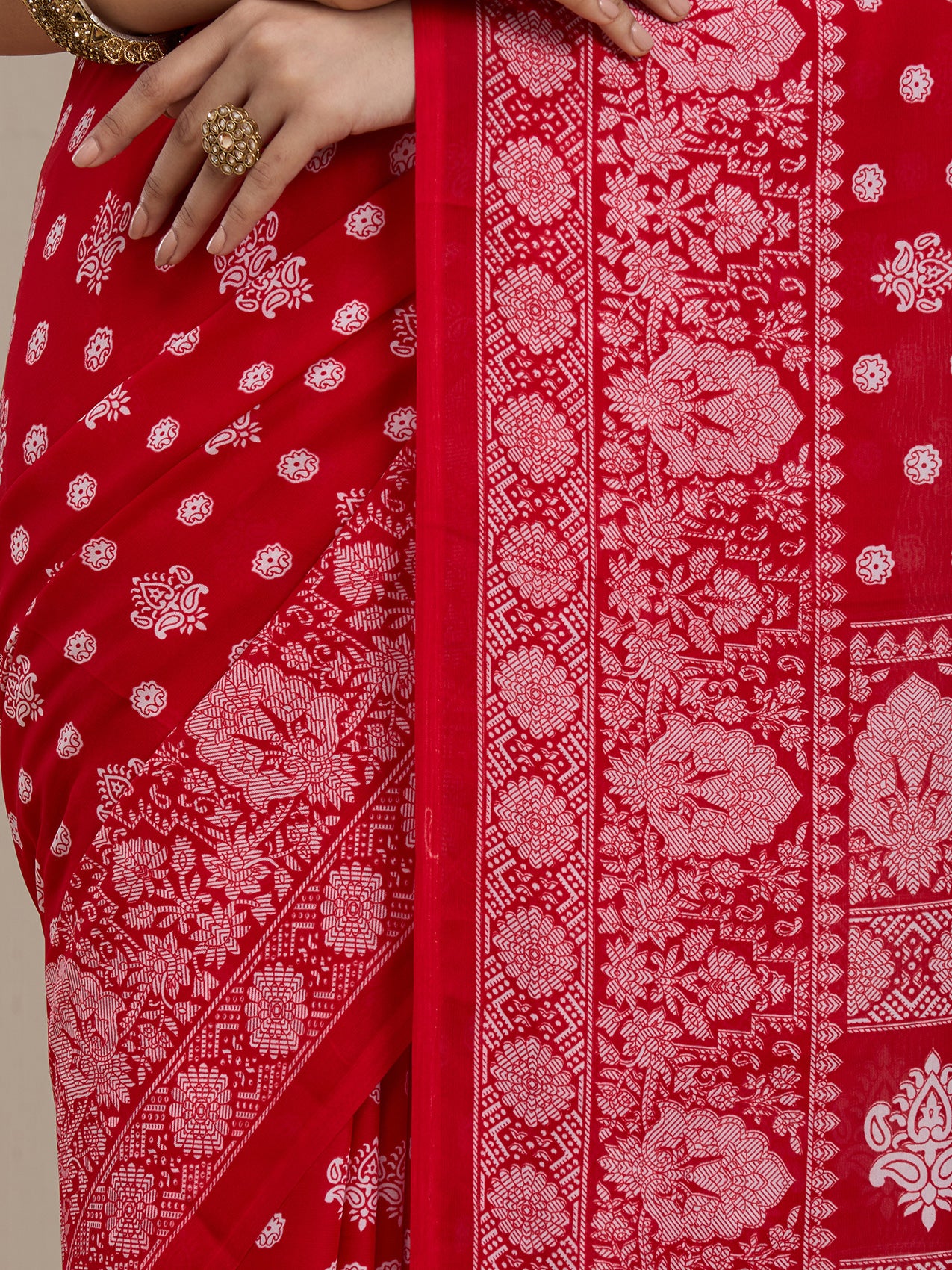 Vervee Couture Red Poly Georgette Embellished Saree | EKA