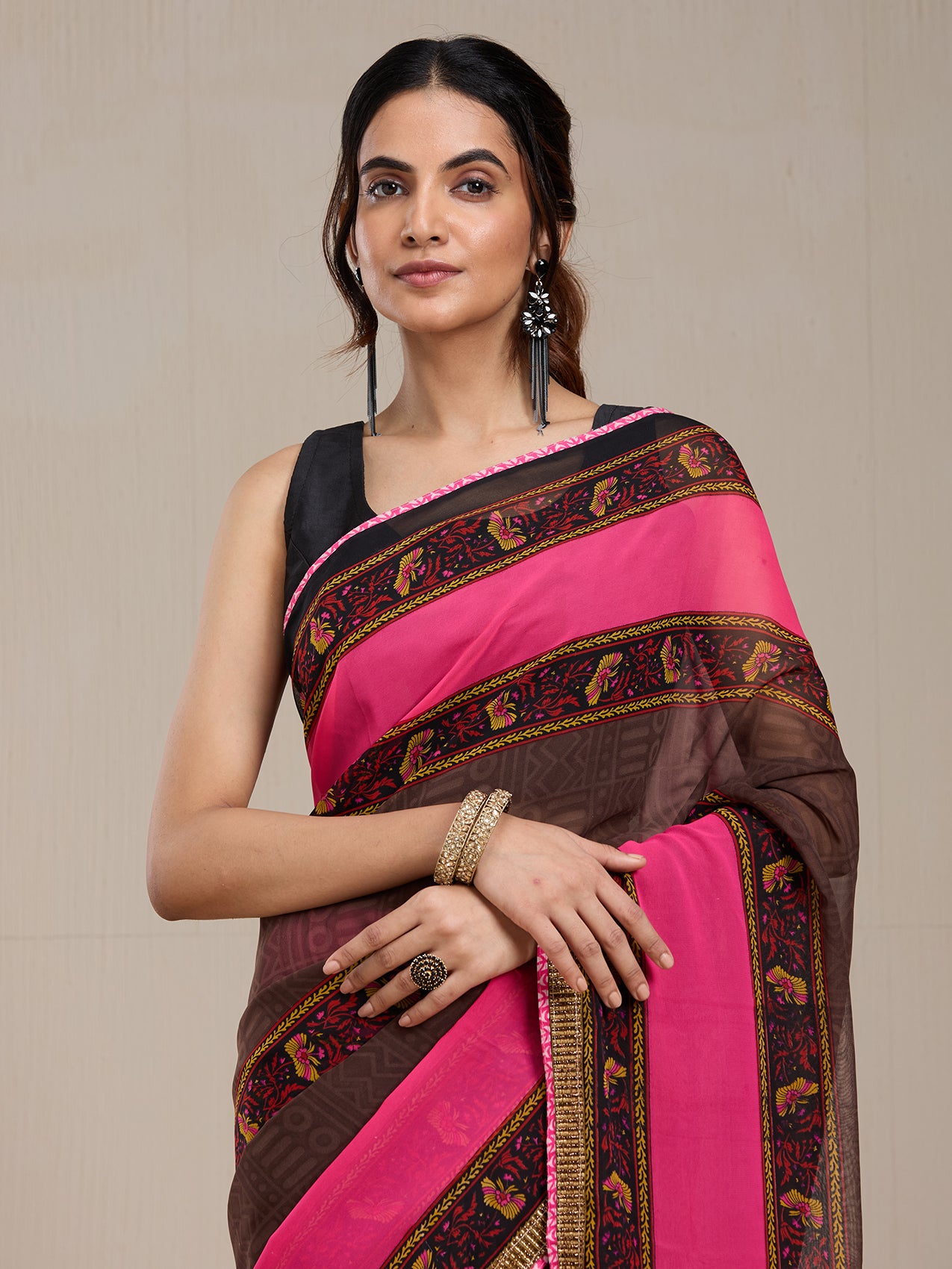 Vervee Couture Brown Pink Printed Poly Georgette Saree with Zari Border | EKA