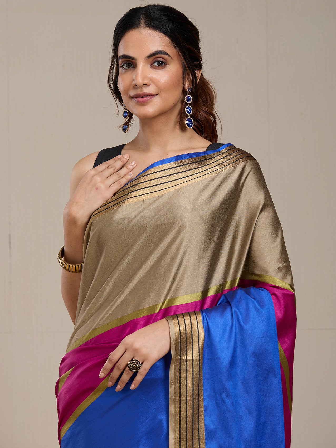 Vervee Couture Blue Pink Silk Blend Saree with Zari Border | EKA