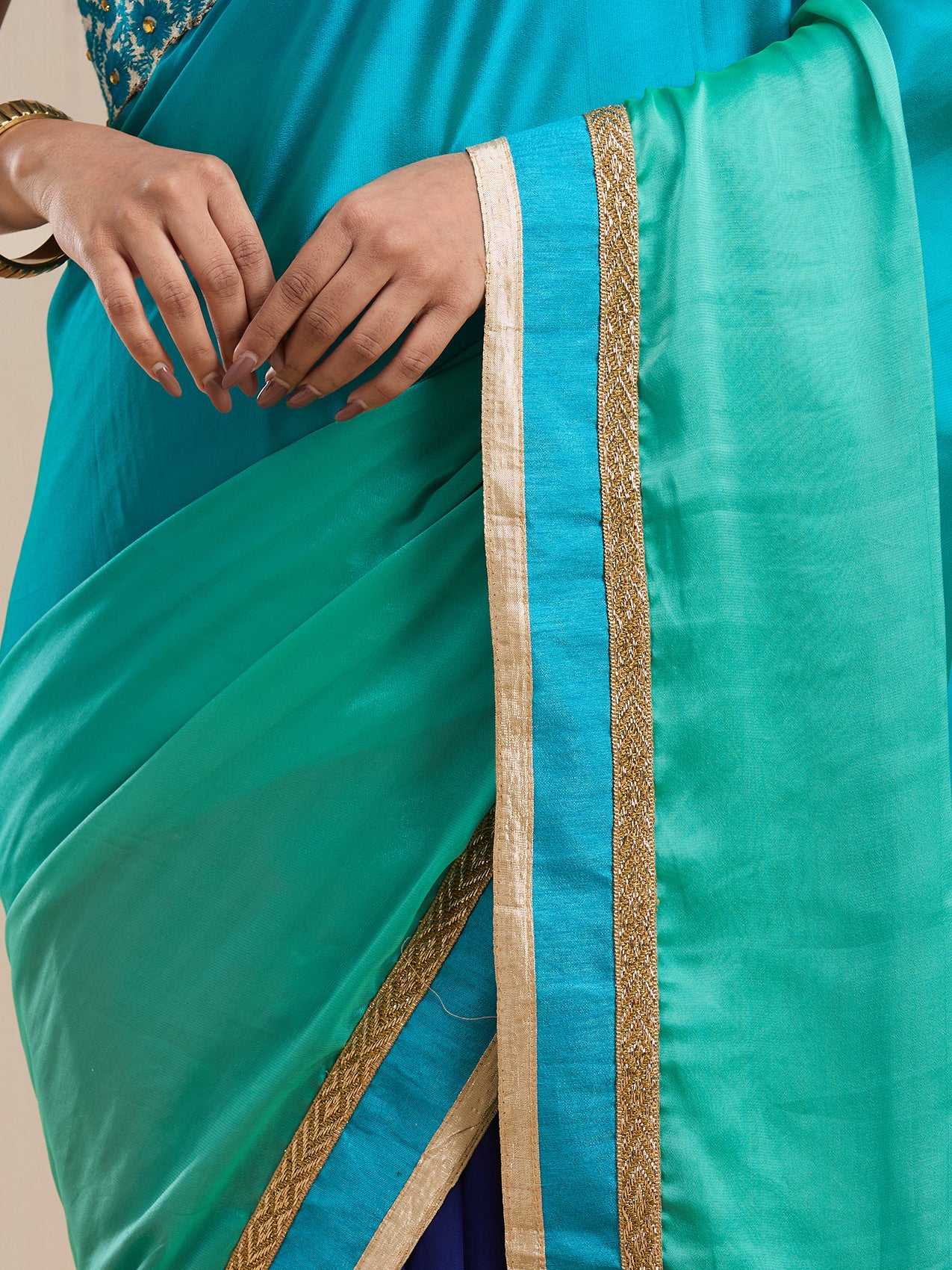 Vervee Couture Blue Silk Blend Saree with Embellished Border | EKA