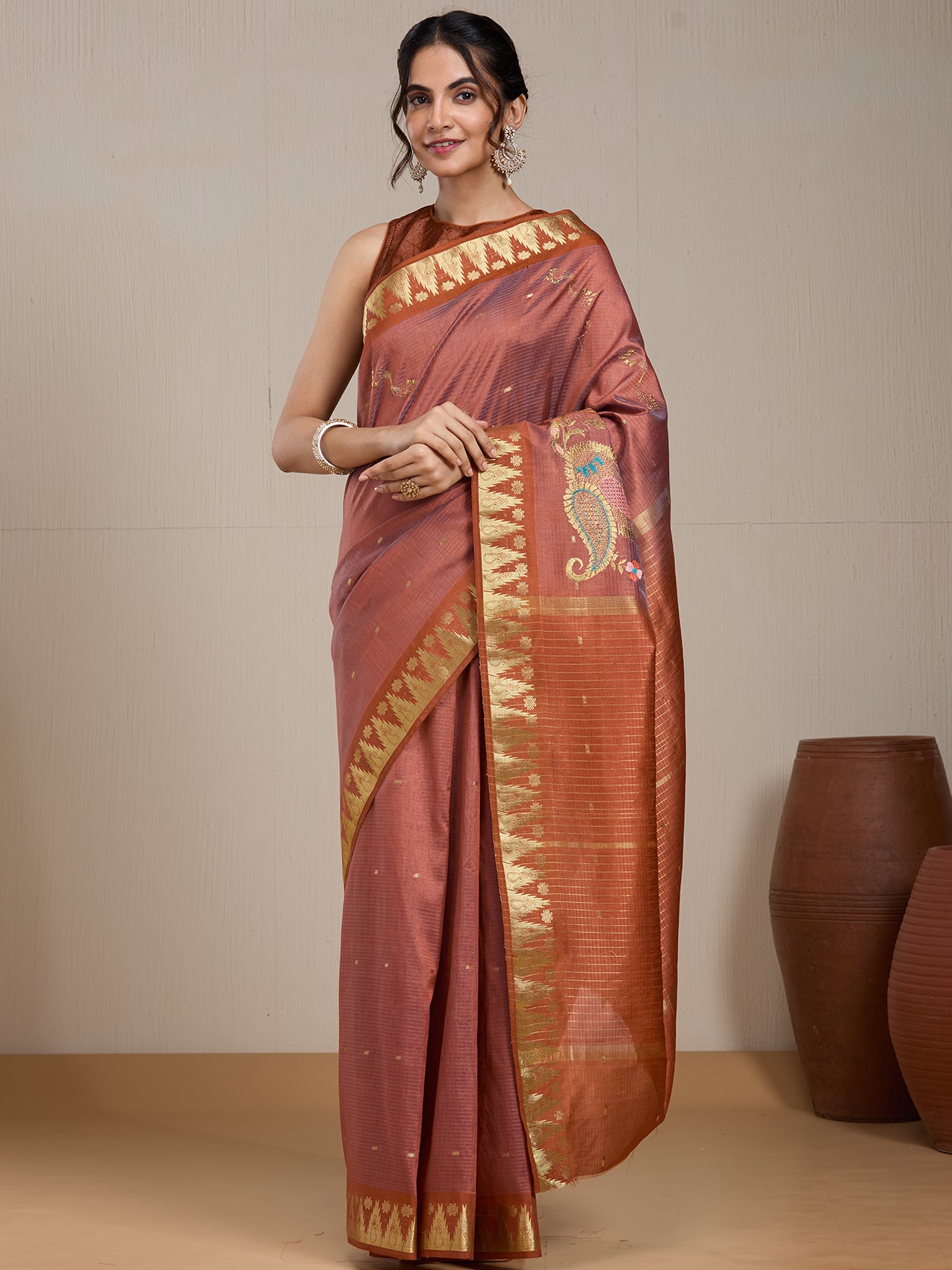 Vervee Couture Copper Gold Printed Silk Blend Saree with Semi Stitched Blouse | EKA