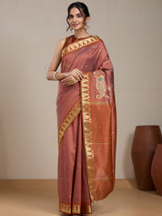 Vervee Couture Copper Gold Printed Silk Blend Saree with Semi Stitched Blouse | EKA