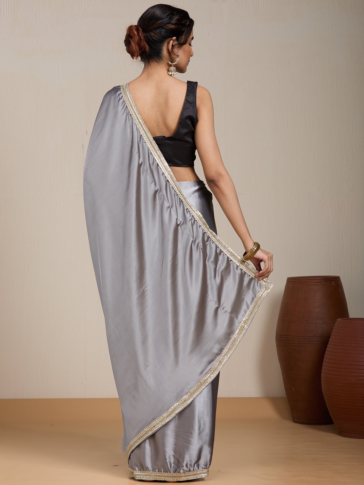 Vervee Couture Grey Satin Saree with Zari Border | EKA