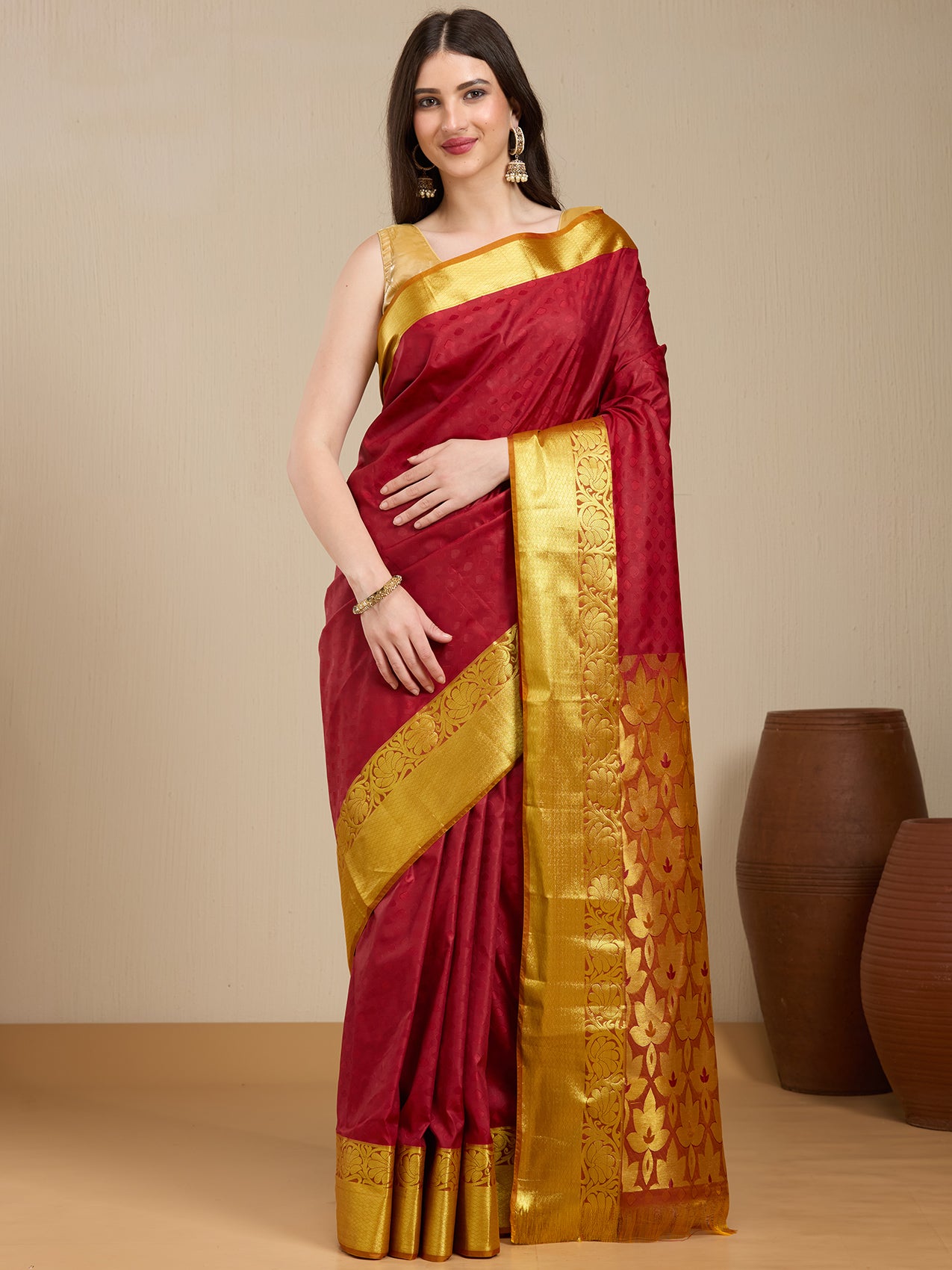 Vervee Couture Maroon Silk Blend Saree with Zari Border | EKA