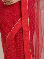 Vervee Couture Red Pure Net Embellished Saree | EKA