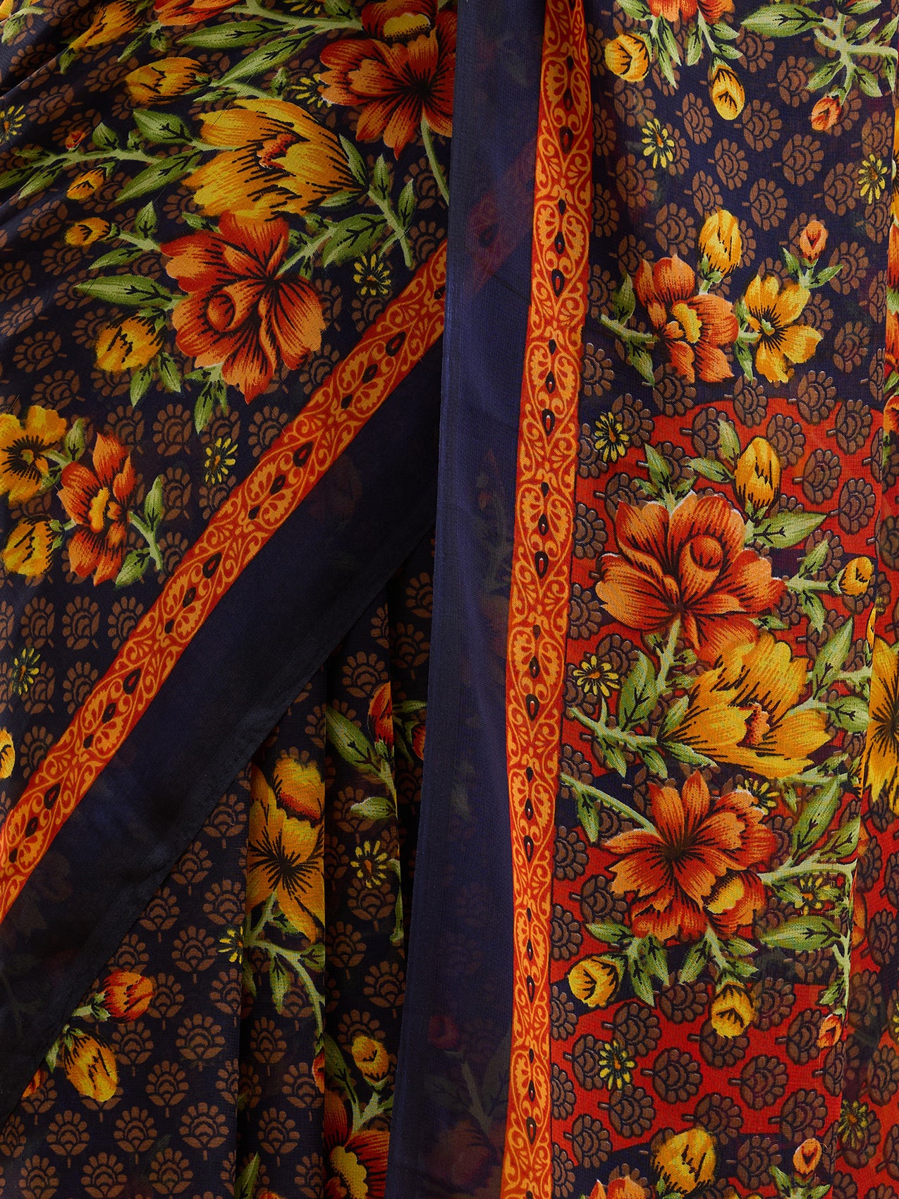 Vervee Couture Black Floral Poly Georgette Saree with Contrast Border and Semi Stitched Blouse | EKA
