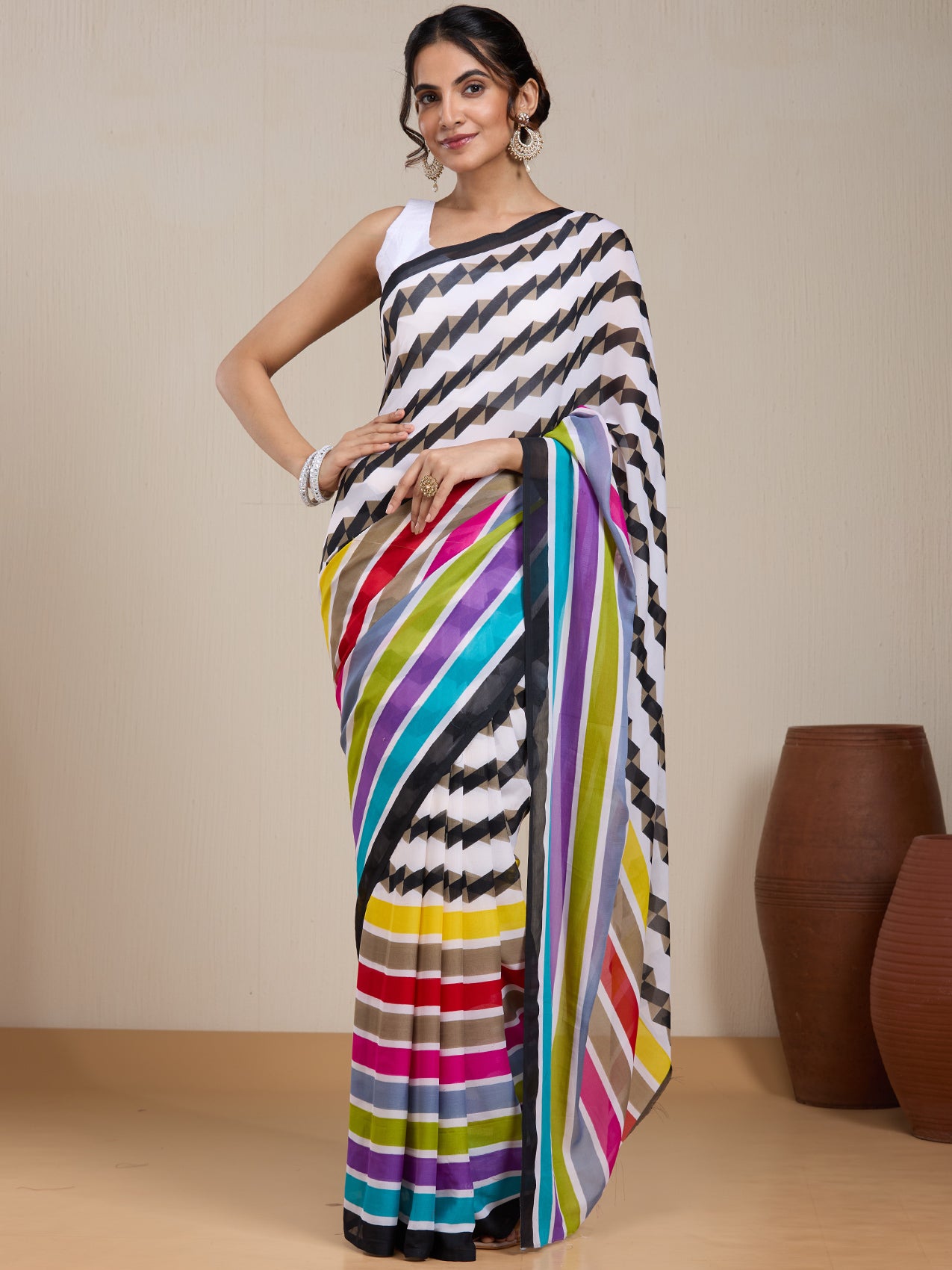 Vervee Couture Multicolor White Striped Poly Georgette Saree | EKA