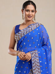 Vervee Couture Blue Poly Georgette Saree with Embellished Border and Semi Stitched Blouse | EKA