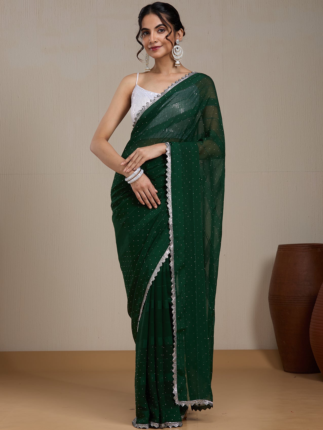 Vervee Couture Forest Green Poly Georgette Embellished Saree | EKA