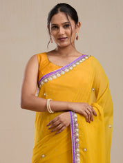Vervee Couture Yellow Poly Georgette Embellished Saree with Semi Stitched Blouse | EKA