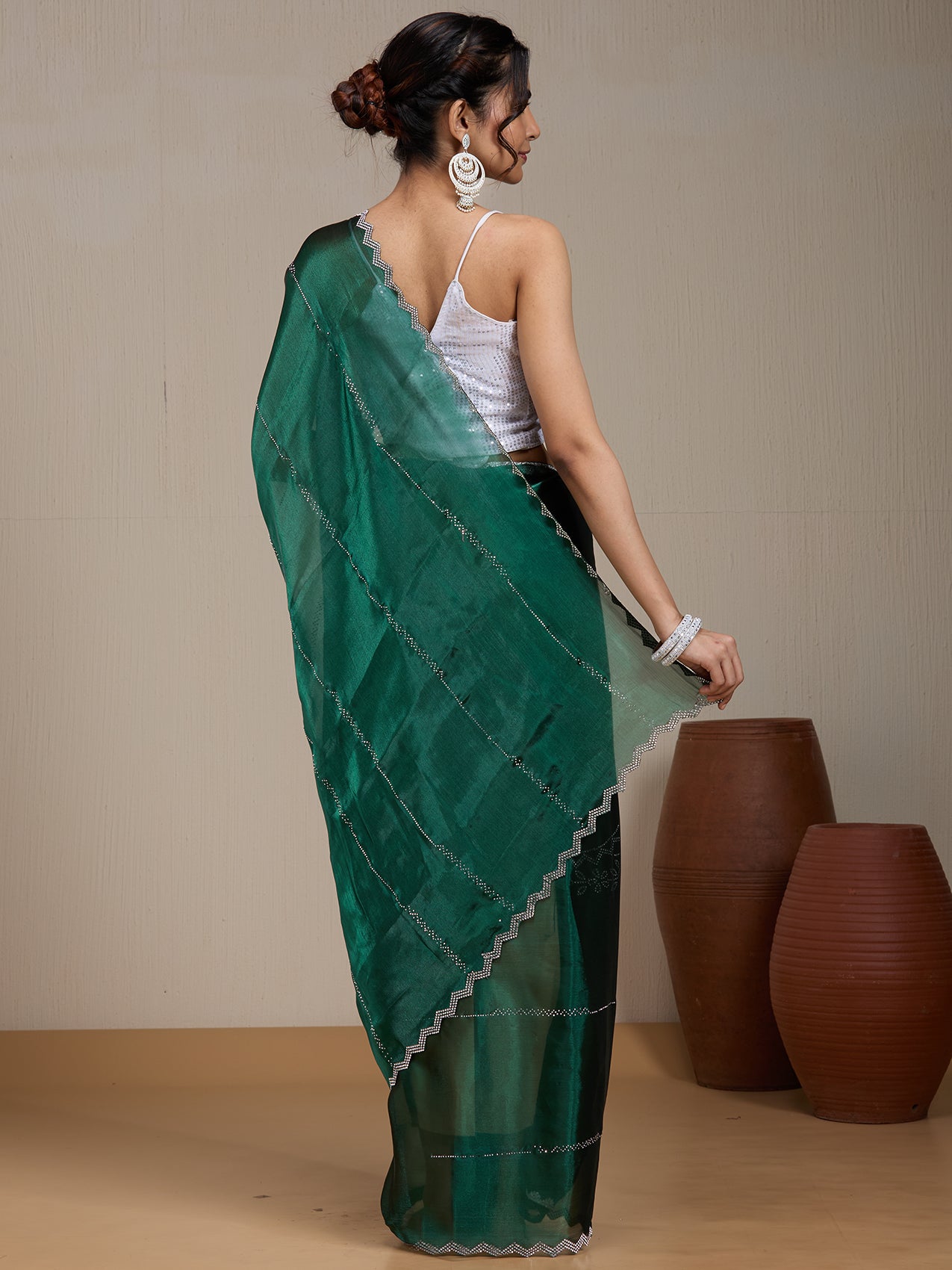 Vervee Couture Green Poly Georgette Saree | EKA