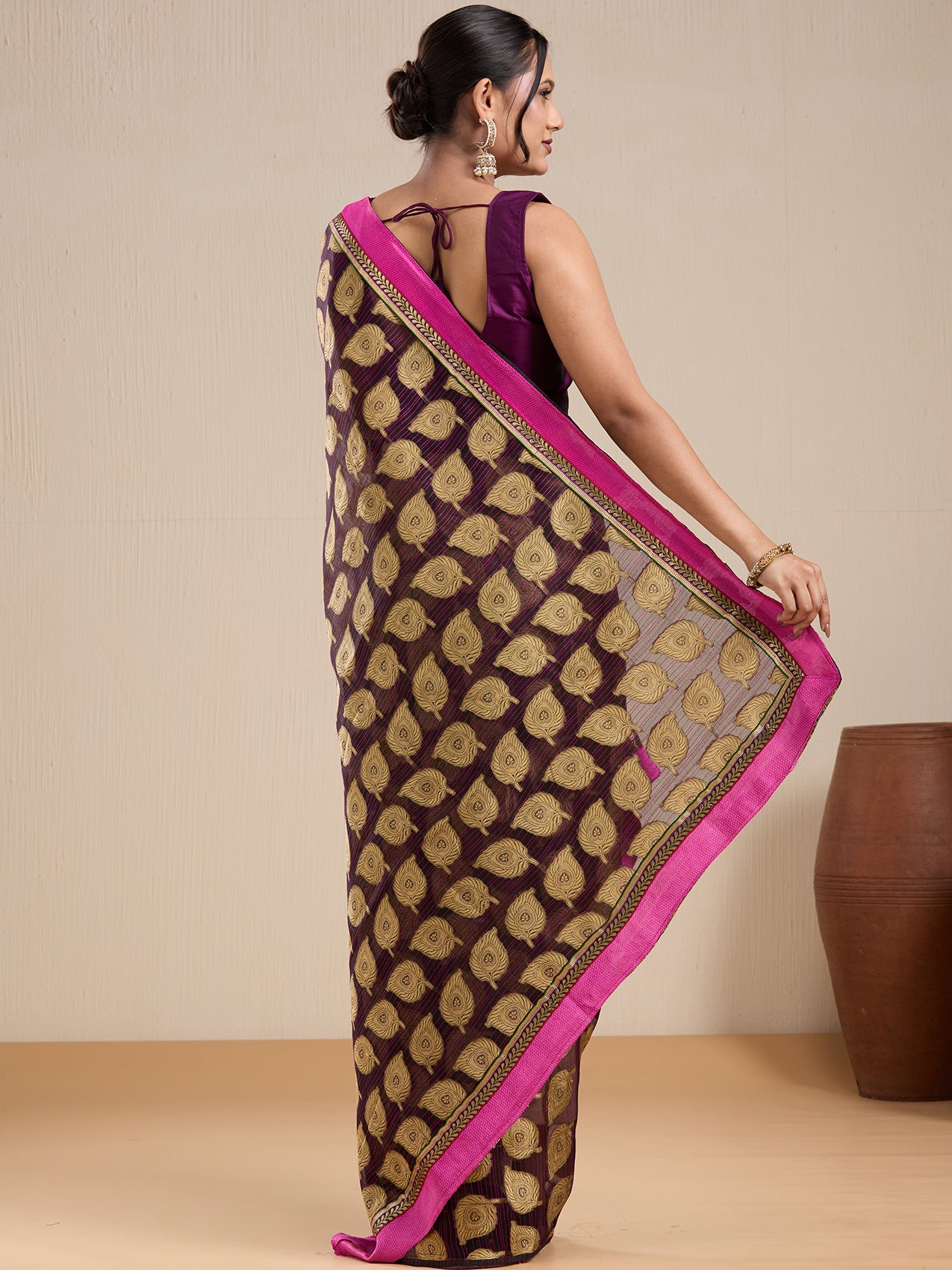 Vervee Couture Brown Woven Silk Blend Saree with Contrast Border and Semi Stitched Blouse | EKA