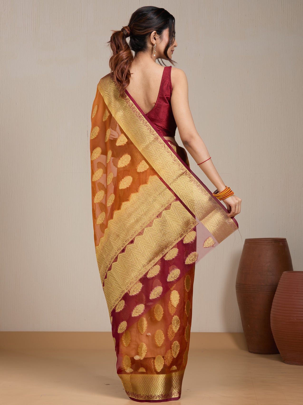 Vervee Couture Orange Woven Silk Blend Saree with Zari Border | EKA