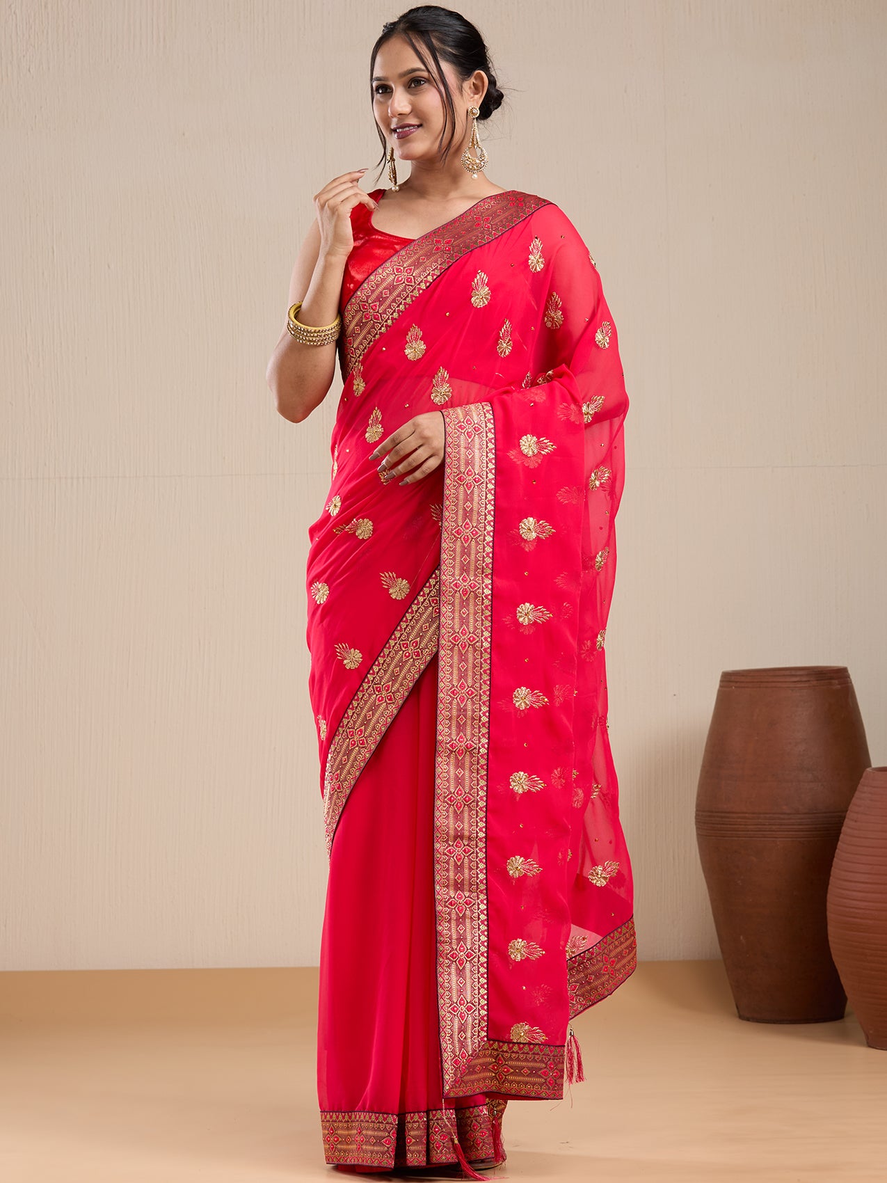 Vervee Couture Red Poly Georgette Saree with Zari Butta Border | EKA