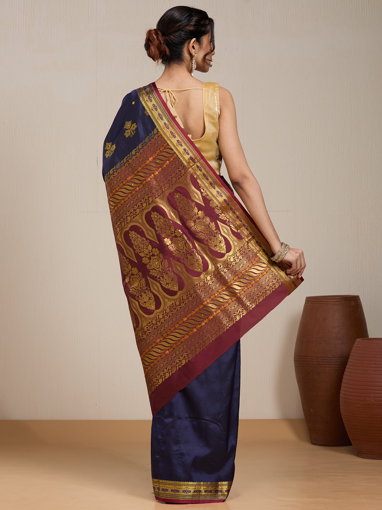 Vervee Couture Navy Blue Gold Woven Silk Blend Saree | EKA