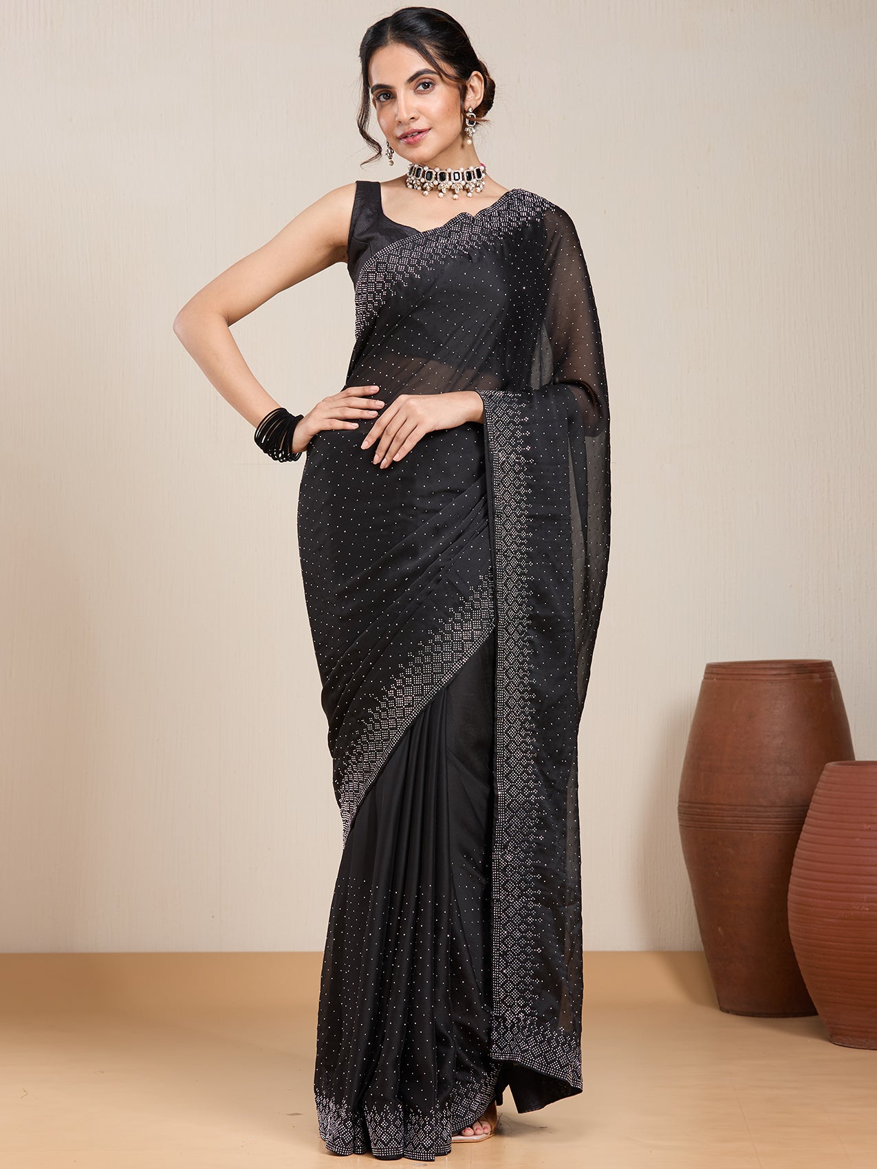 Vervee Couture Black Embellished Poly Georgette Saree | EKA