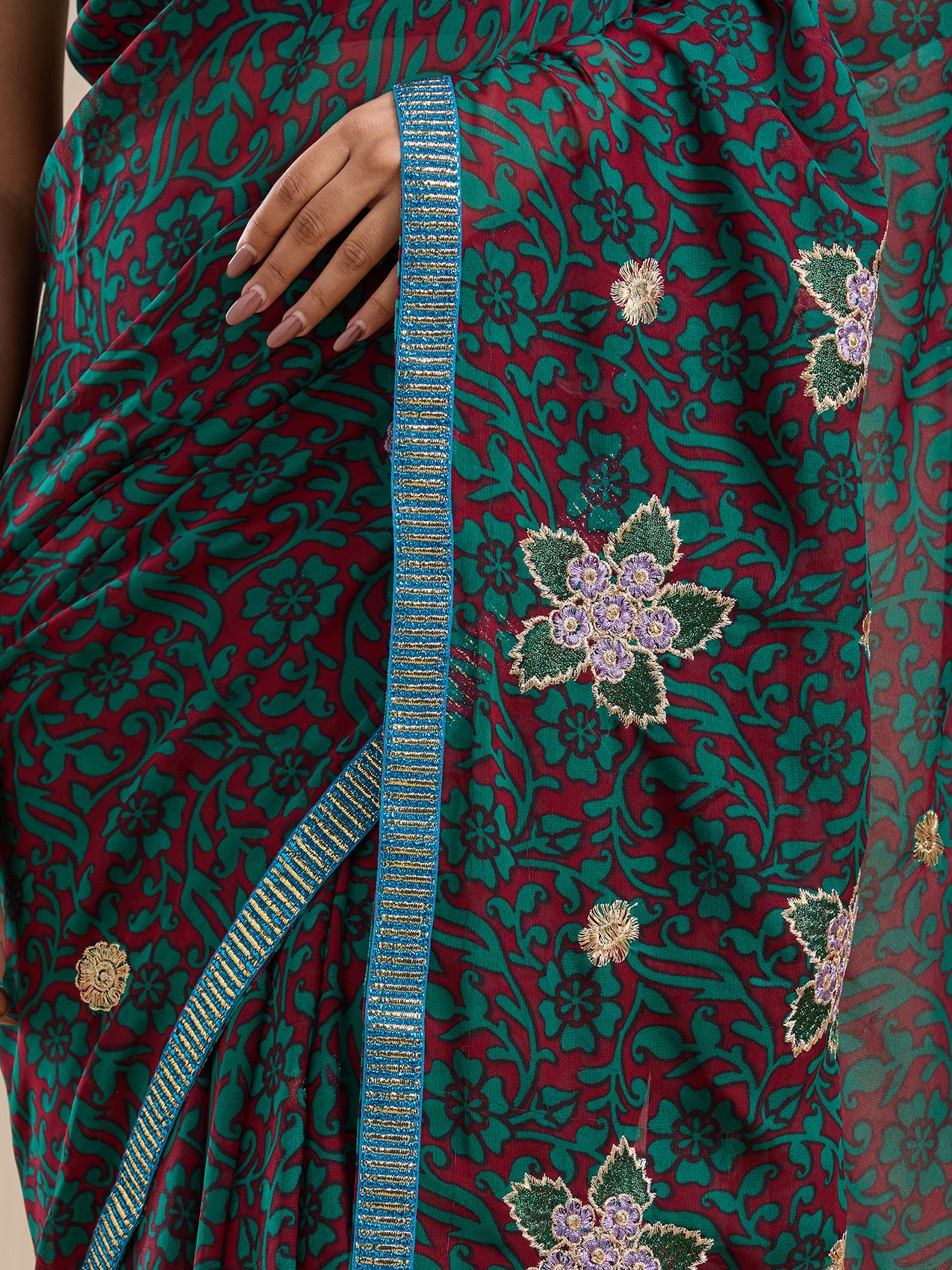 Vervee Couture Green Red Printed Poly Georgette Saree with Embroidered Border | EKA