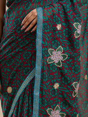 Vervee Couture Green Red Printed Poly Georgette Saree with Embroidered Border | EKA