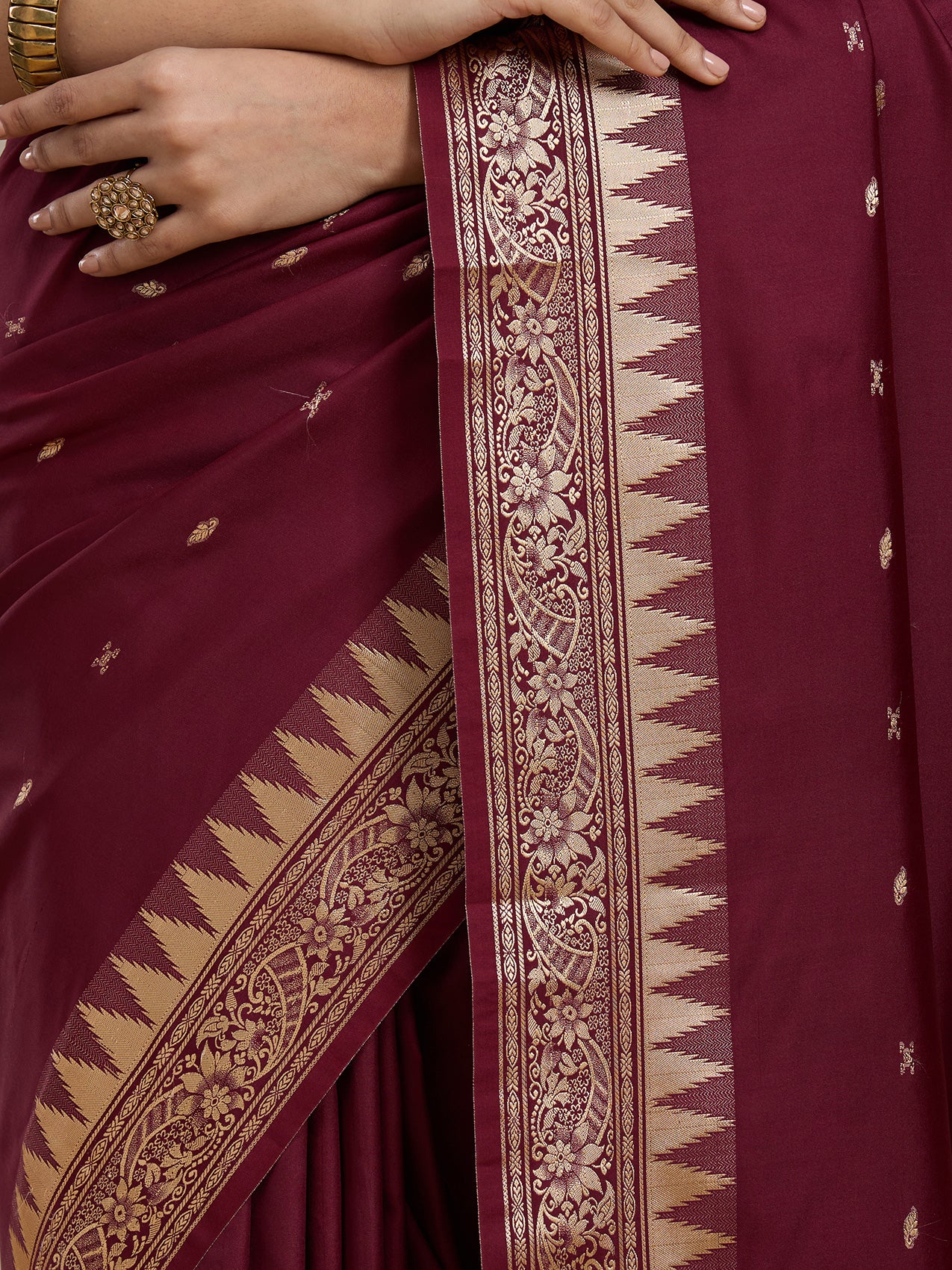 Vervee Couture Dark Maroon Gold Printed Silk Blend Saree | EKA