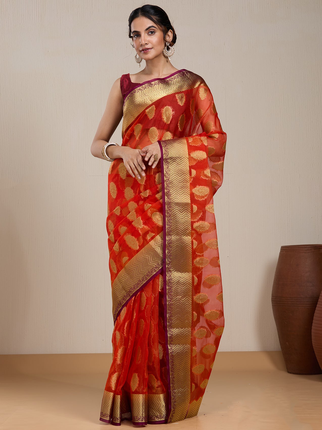 Vervee Couture Red Orange Woven Silk Blend Saree | EKA