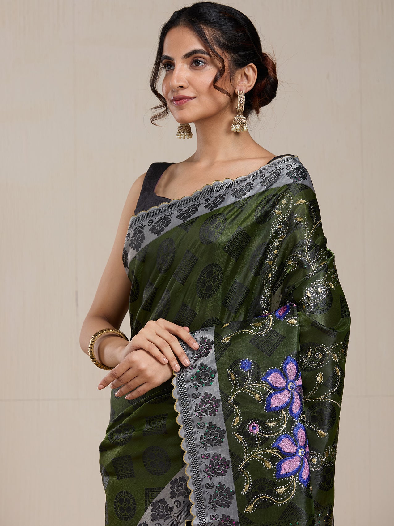 Vervee Couture Olive Green Grey Woven Silk Blend Saree | EKA
