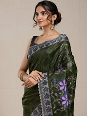Vervee Couture Olive Green Grey Woven Silk Blend Saree | EKA