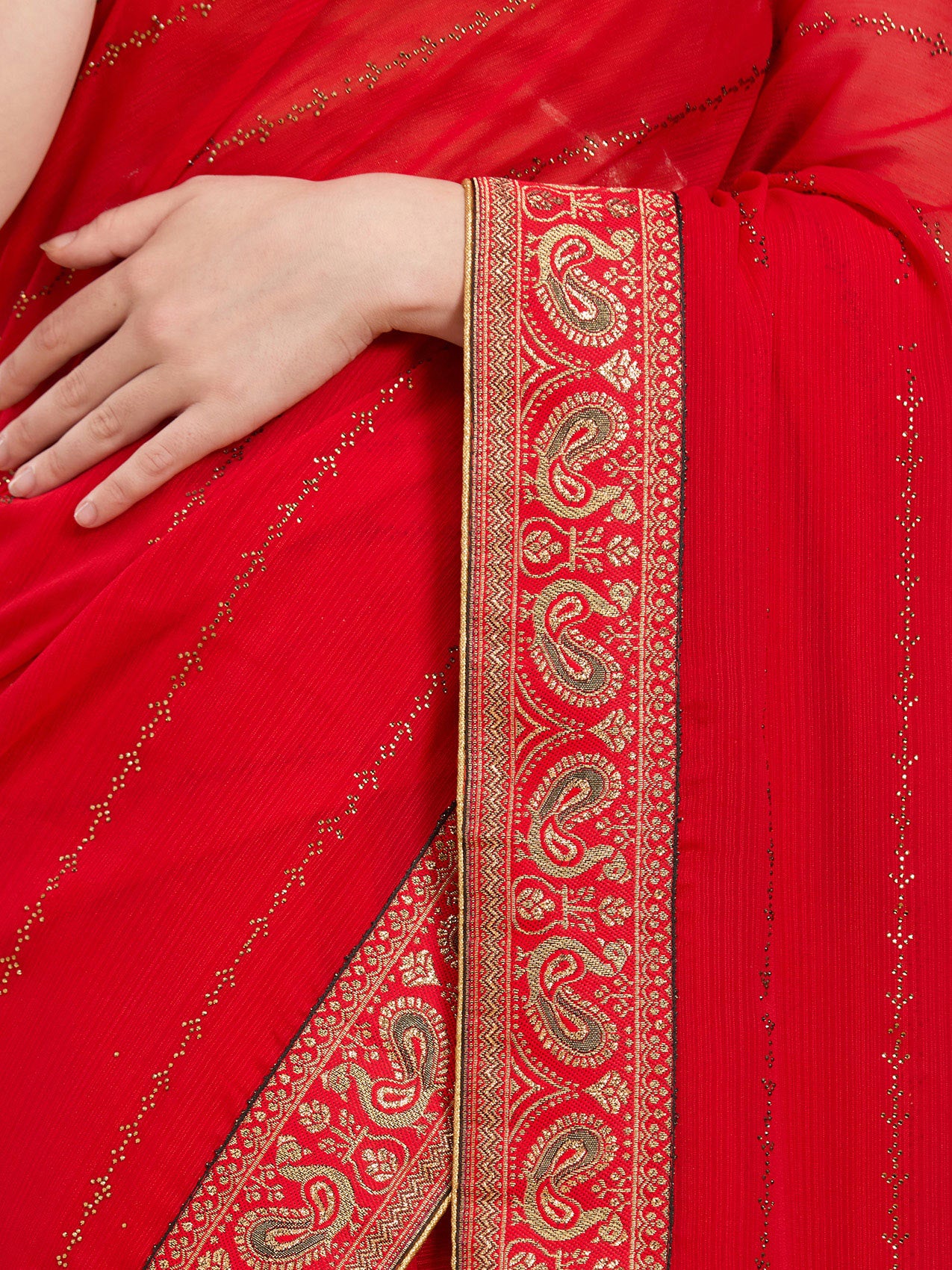 Vervee Couture Red Poly Georgette Saree with Zari Border | EKA