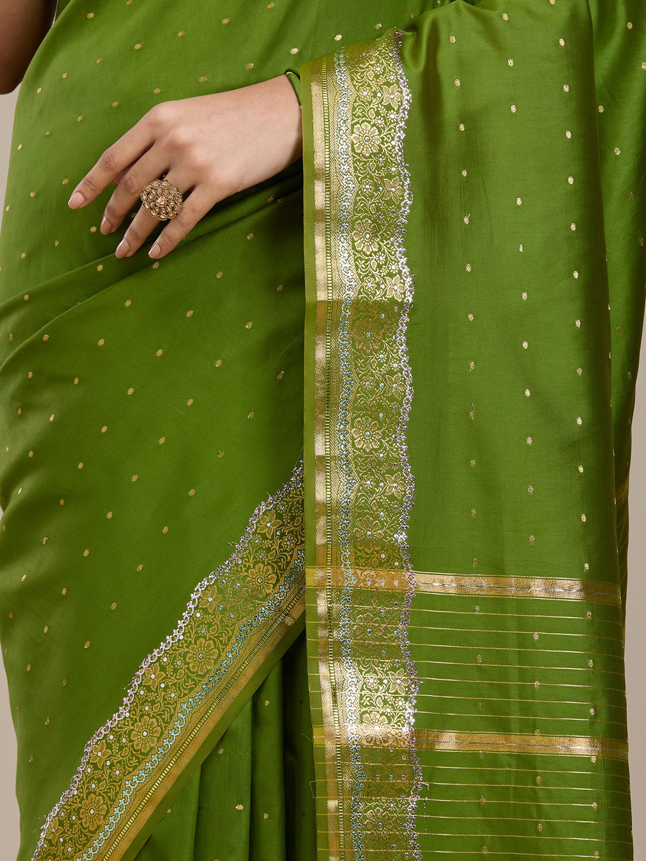 Vervee Couture Green Silk Blend Saree with Zari Border and Semi Stitched Blouse | EKA
