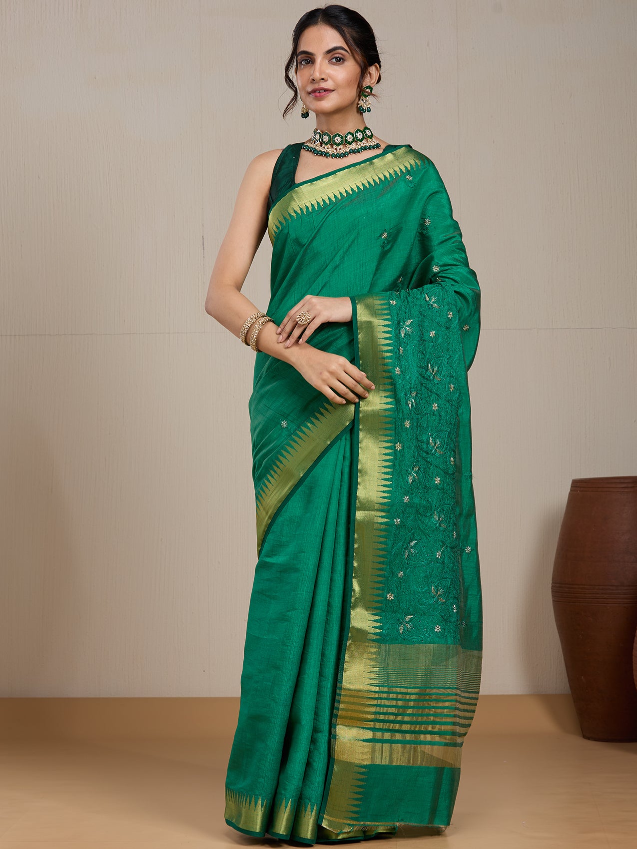 Vervee Couture Emerald Green Gold Woven Silk Blend Saree | EKA