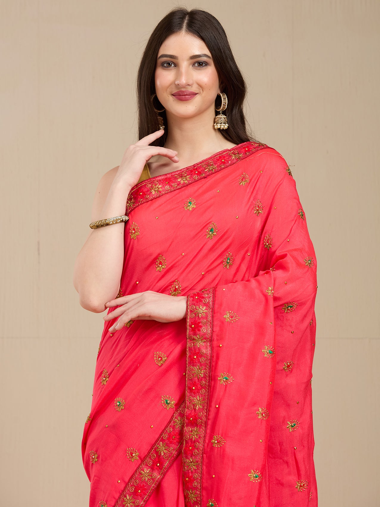Vervee Couture Pink Poly Georgette Saree with Embellished Border | EKA