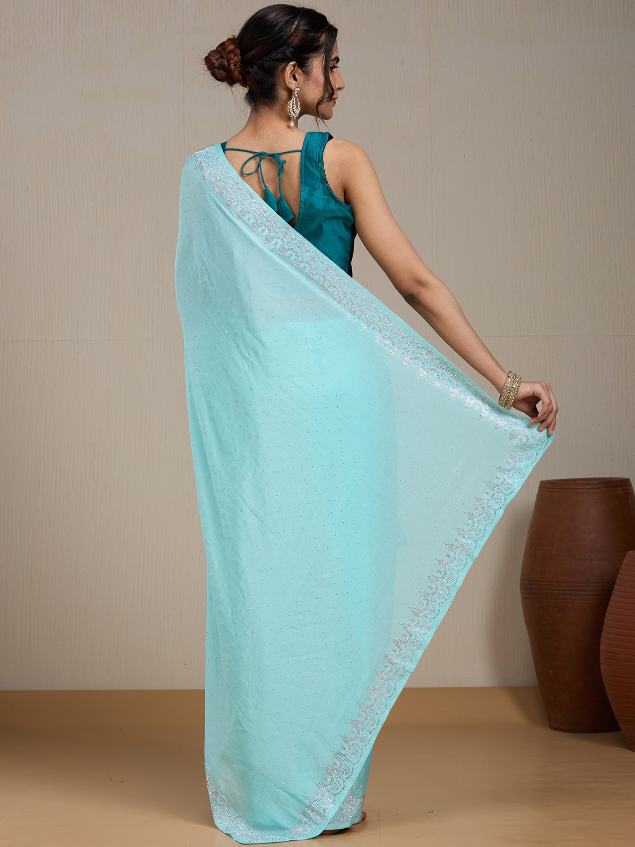 Vervee Couture Turquoise Blue Poly Georgette Embellished Saree | EKA