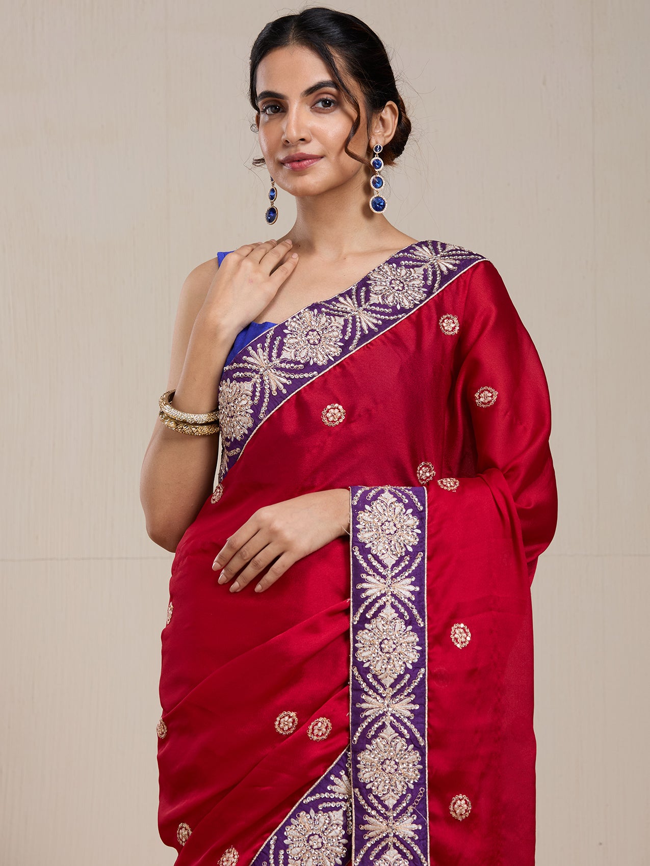 Vervee Couture Red Embellished Silk Blend Saree with Zari Border | EKA
