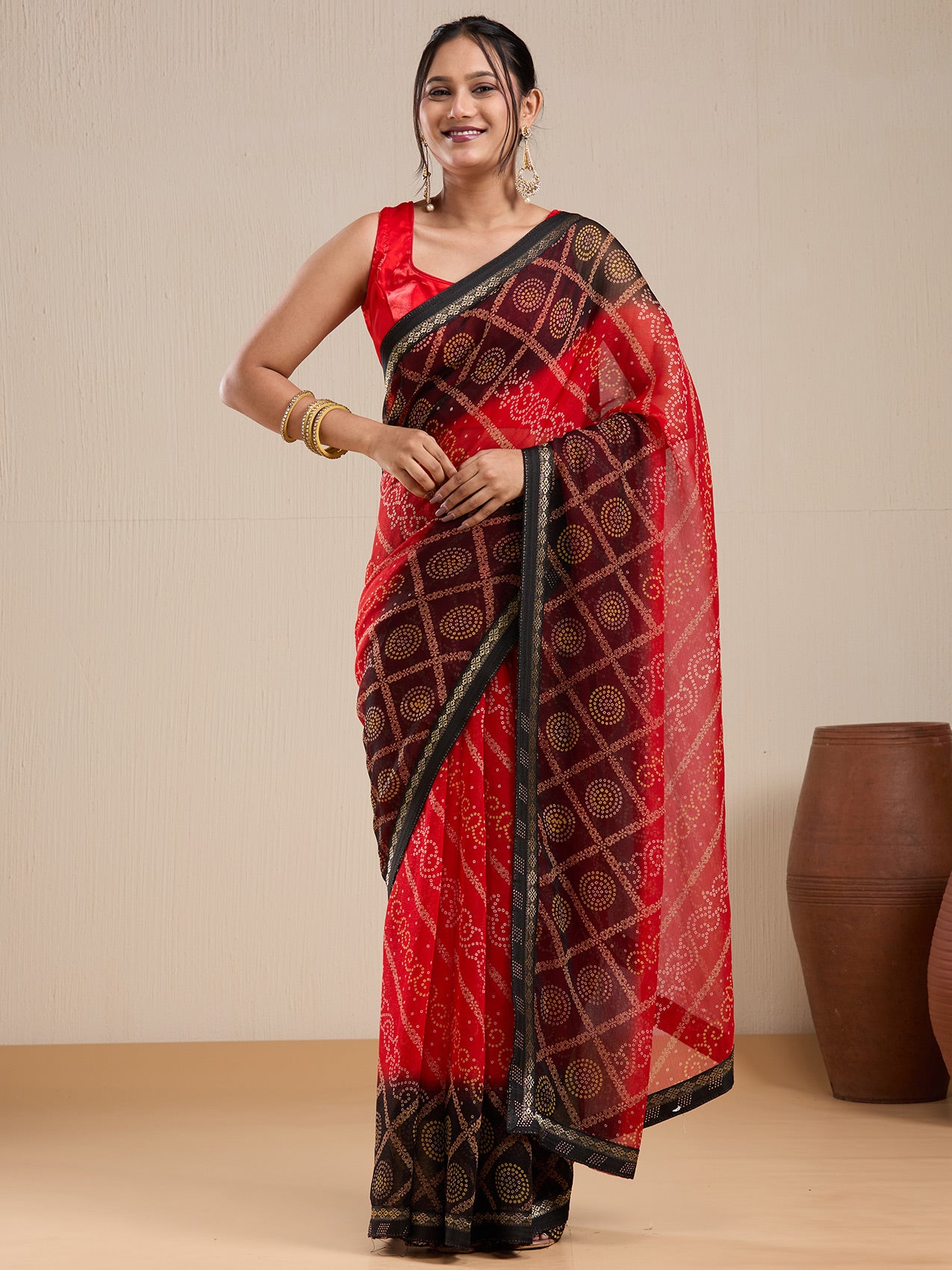 Vervee Couture Red Black Poly Georgette Saree with Contrast Border | EKA