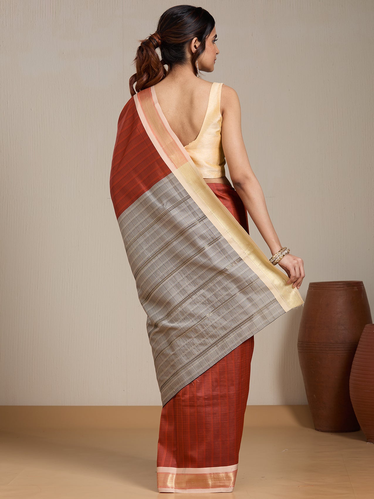 Vervee Couture Rust Grey Woven Silk Blend Saree | EKA